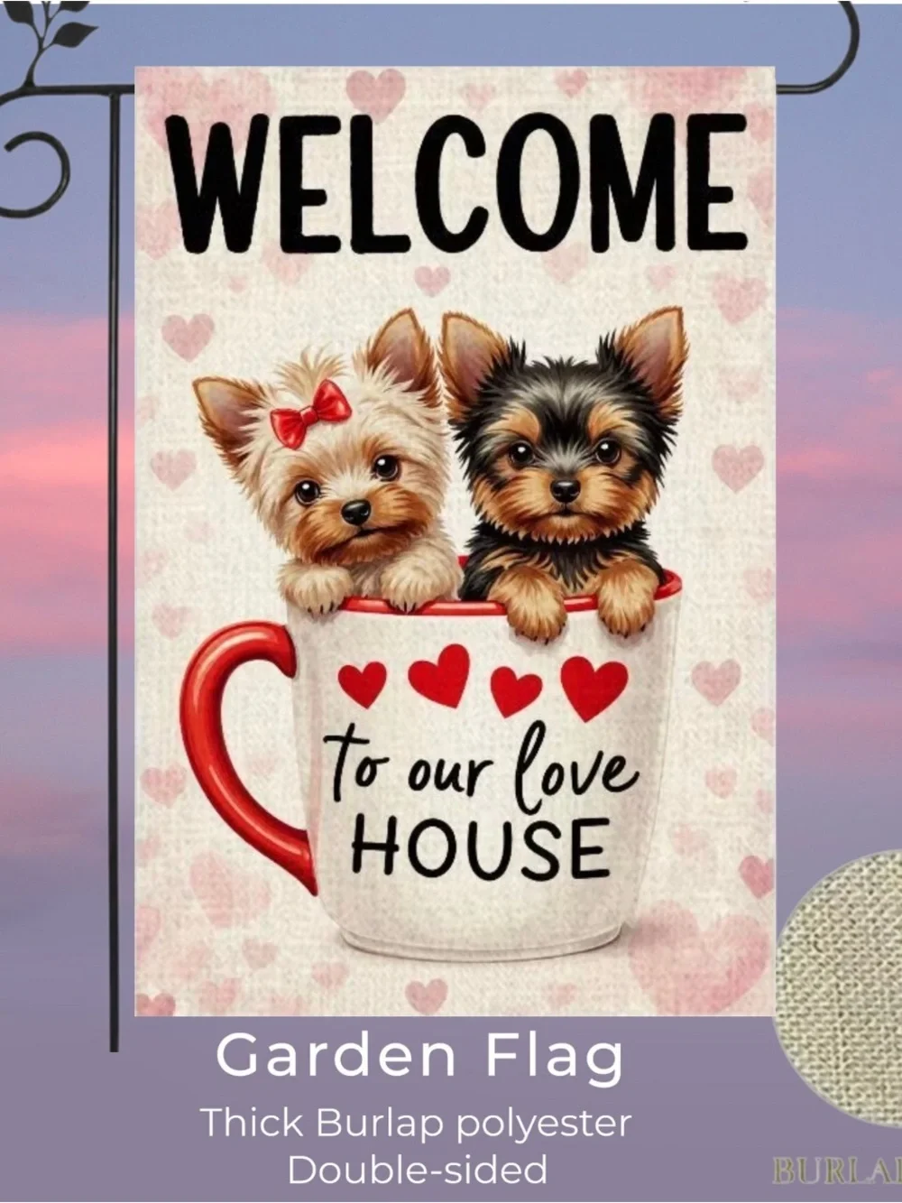 Garden Flag, Double-sided Welcome Yorkie Puppies Burlap approx 12”x18” - Picture 1 of 16